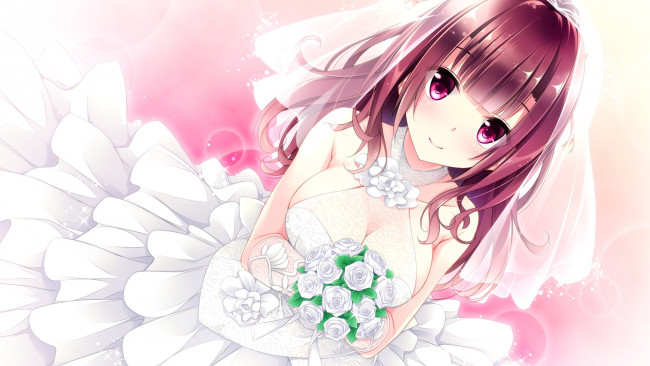 Обои картинки фото аниме, unknown,  другое, девушка, свадебное, платье, цветы, фон, взгляд