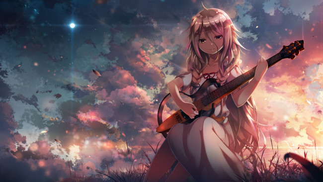 Обои картинки фото аниме, vocaloid, девушка, ia, гитара, облака, закат, небо