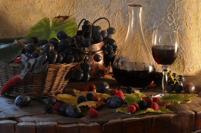Обои картинки фото еда, натюрморт, ягоды, вино
