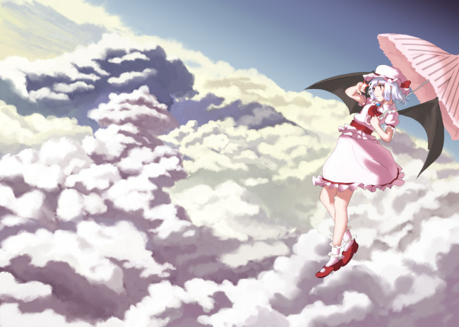 Обои картинки фото аниме, touhou, облака, арт, remilia, scarlet, kujou, natsume, девушка