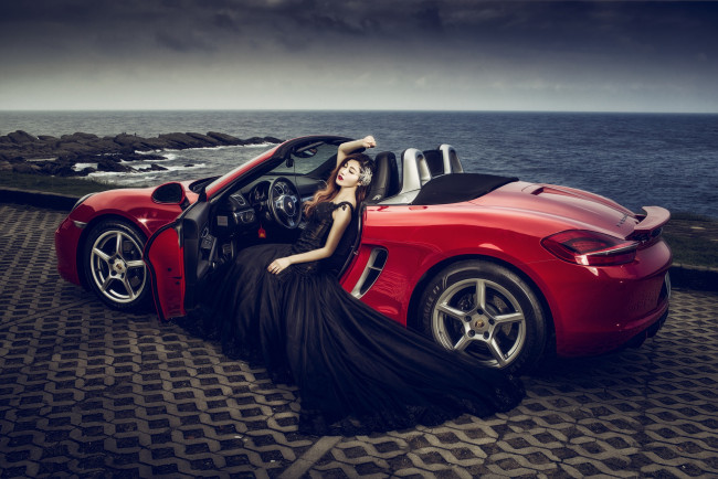 Обои картинки фото автомобили, -авто с девушками, азиатка, авто, стиль, море, поза, porsche, набережная, платье, девушка, кабриолет, машина