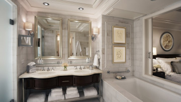 Картинка интерьер ванная+и+туалетная+комнаты кровать окно ванна полотенца картины раковины краны зеркала