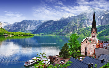 Картинка города гальштат+ австрия лето теплоход дома озеро горы