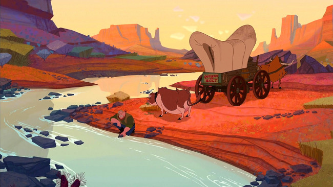 Обои картинки фото мультфильмы, home on the range, мужчина, водоем, карета, корова