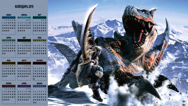Обои картинки фото календари, видеоигры, снег, гора, оружие, воин, динозавр, борьба