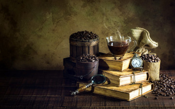 Картинка еда кофе +кофейные+зёрна книги зерна лупа