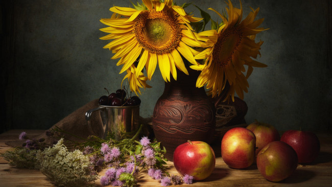 Обои картинки фото еда, натюрморт, подсолнухи, яблоки, вишни