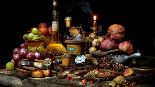 Обои картинки фото еда, натюрморт, свеча, вино, орехи, фрукты