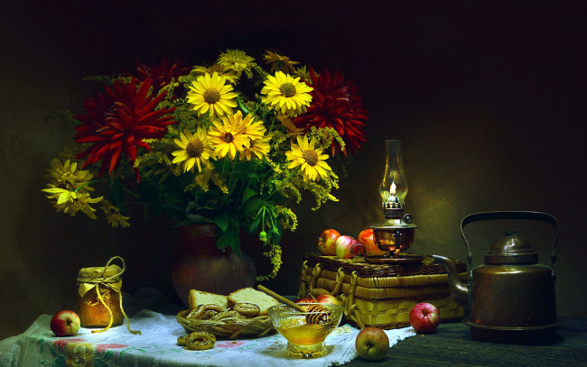 Обои картинки фото еда, натюрморт, яблоки, сушки, мед, букет