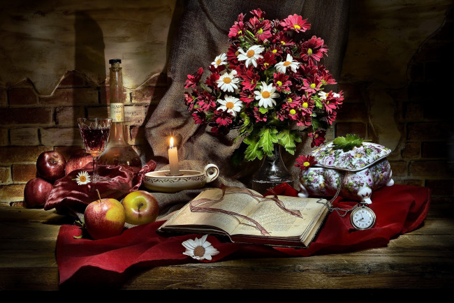 Обои картинки фото еда, натюрморт, свеча, книга, букет, яблоки, вино