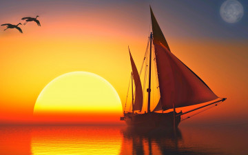 Картинка 3д+графика природа+ nature небо закат лодка яхта парус ялик птицы солнце море отражение свет