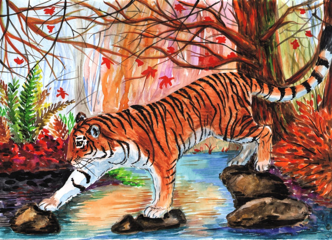 Обои картинки фото рисованное, животные,  тигры, тигр, ручей, осень