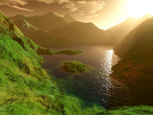 Картинка 3д графика nature landscape природа рассвет вода горы