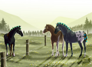 Картинка рисованные животные сказочные мифические лес забор лошади грива