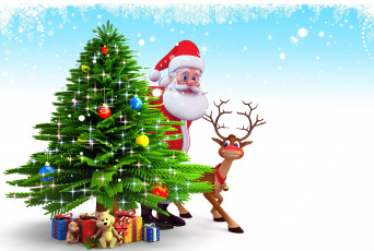 Картинка праздничные векторная графика новый год санта клаус олень подарки елка
