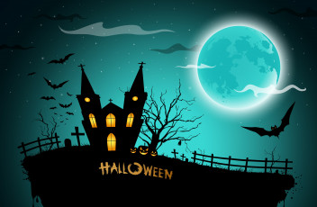 обоя праздничные, хэллоуин, pumpkins, bats, house, graveyard, full, moon, midnight, horror, scary, halloween, creepy