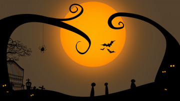 обоя праздничные, хэллоуин, летучие, мыши, паук, луна