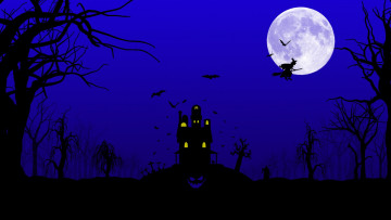 обоя праздничные, хэллоуин, ночь, замок, луна, летучие, мыши