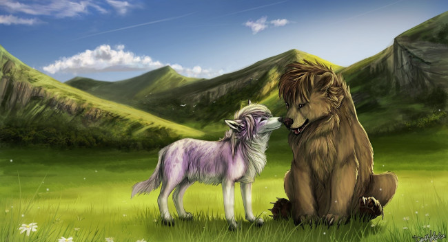 Обои картинки фото рисованные, животные, сказочные, мифические, собаки, горы, трава, луг