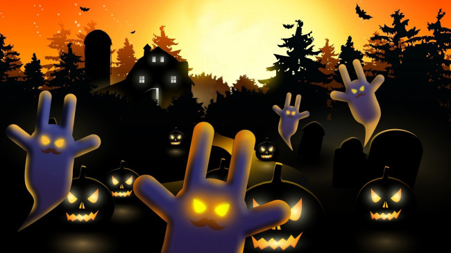 Обои картинки фото праздничные, хэллоуин, летучие, мыши, тыквы, деревья, дом, привидения, ночь