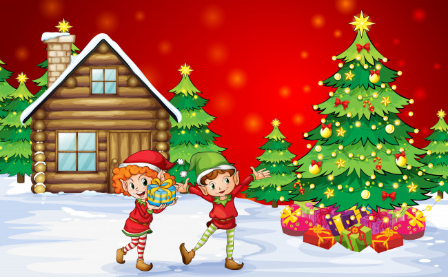 Обои картинки фото праздничные, векторная, графика, новый, год, мальчик, дома, рождество, обычаи, дети, снег, счастье, новогодняя, елка, подарки, девочка