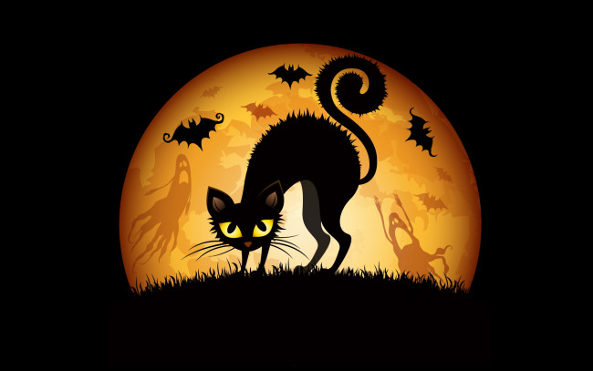 Обои картинки фото праздничные, хэллоуин, луна, кот, привидение, летучие, мыши