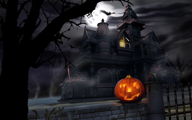 Обои картинки фото праздничные, хэллоуин, тыква, летучие, мыши, луна, замок