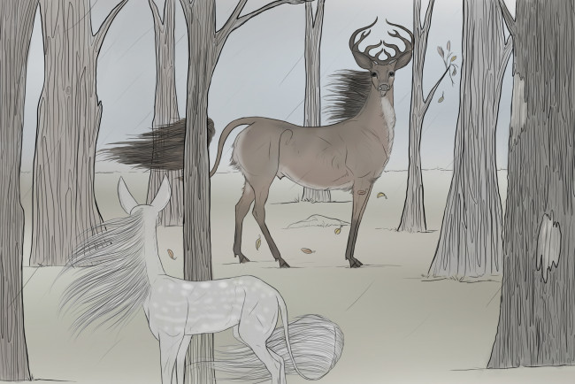 Обои картинки фото рисованные, животные, олени, лес