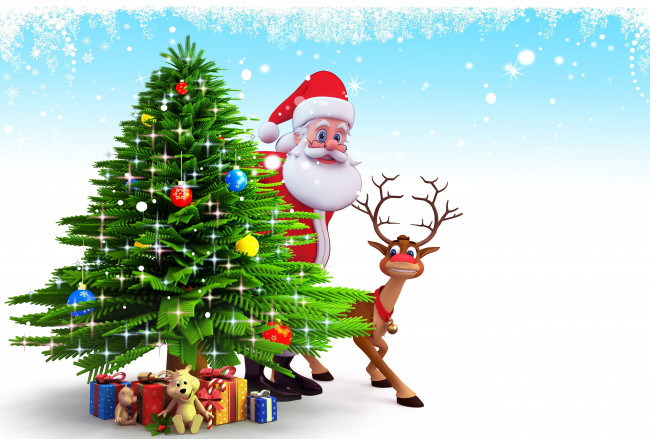 Обои картинки фото праздничные, векторная, графика, новый, год, санта, клаус, олень, подарки, елка