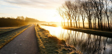 Картинка природа восходы закаты утро восход солнце ветки река зелень луг деревья трава