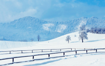 Картинка природа зима следы перила дорога деревья холмы снег