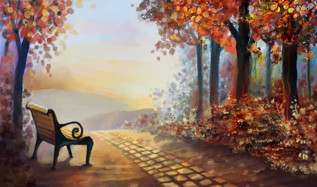 Обои картинки фото рисованное, природа, время, года, деревья, листья, осень, пейзаж, лавочка