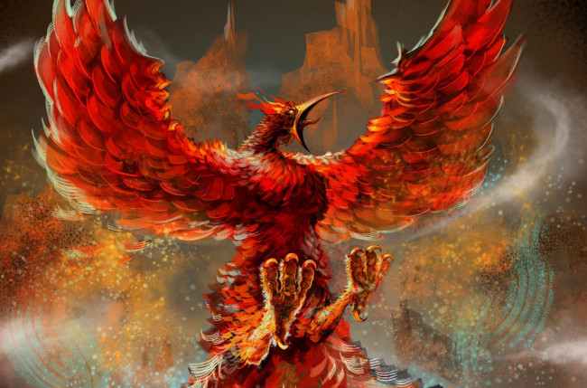 Обои картинки фото фэнтези, существа, крылья, огонь, клюв, феникс, жар, птица, пламя
