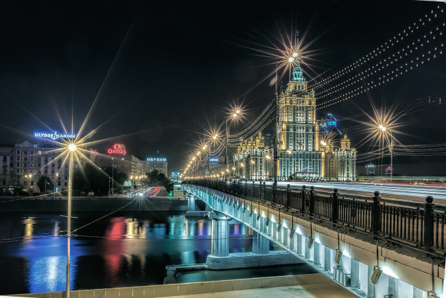 Обои картинки фото москва, города, москва , россия, ночь, река, набережная