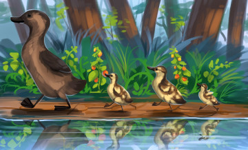 Картинка рисованное животные утка утята природа