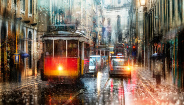 обоя лиссабон,  португалия, города, лиссабон , португалия, дождь, трамваи, дома, осень, улица