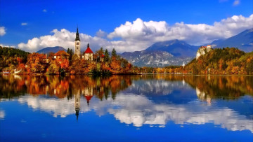 Картинка города блед+ словения озеро отражение горы
