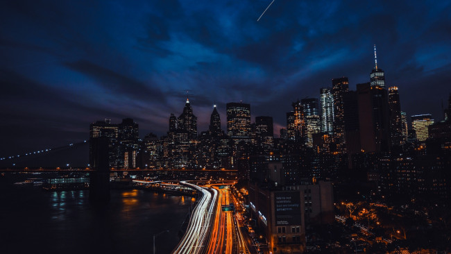 Обои картинки фото города, нью-йорк , сша, набережная, огни, ночного, usa, бруклинский, мост, небоскребы, new, york