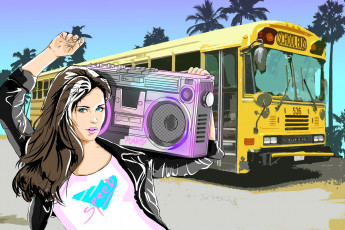 Картинка рисованное люди магнитофон ретро wallhaven retrowave женщины artwork автобусы