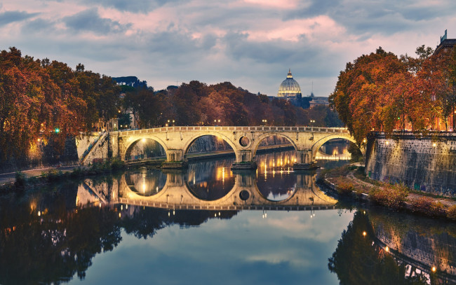 Обои картинки фото города, рим,  ватикан , италия, вечер, река, мост, огни