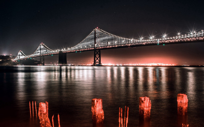Обои картинки фото города, сан-франциско , сша, мост, вечер, огни