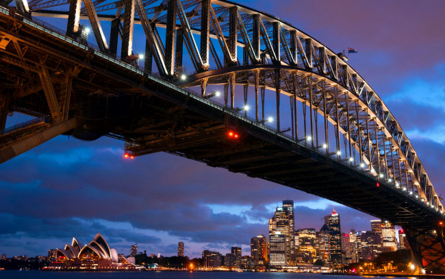 Обои картинки фото города, сидней , австралия, мост, вечер, огни