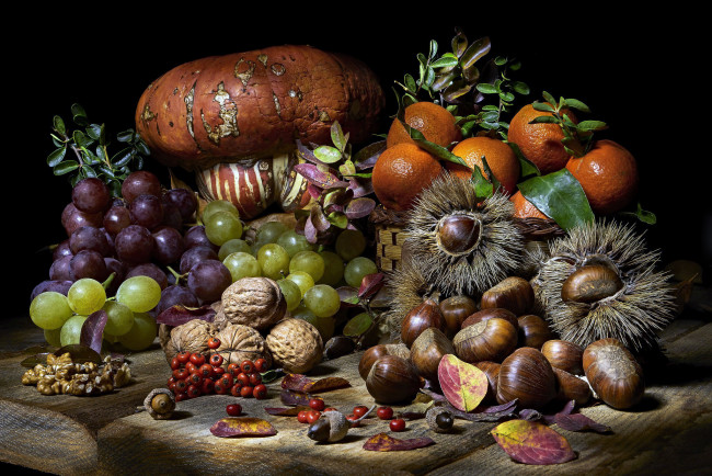 Обои картинки фото еда, натюрморт, тыква, апельсины, орехи, виноград, каштаны