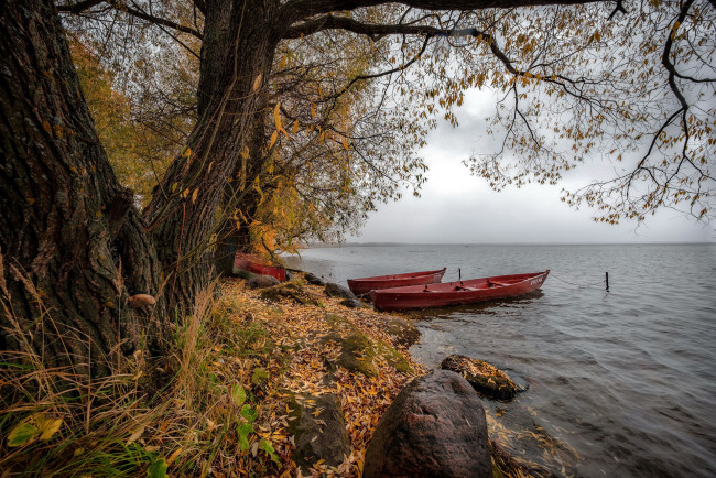 Обои картинки фото корабли, лодки,  шлюпки, осень, лодка, река