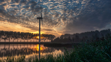 Картинка разное ветрогенераторы закат мельница трава река
