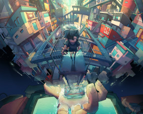Картинка аниме город +улицы +интерьер +здания парень