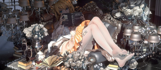 Обои картинки фото аниме, unknown,  другое , девушка, книга, цветы, светильники, бокалы