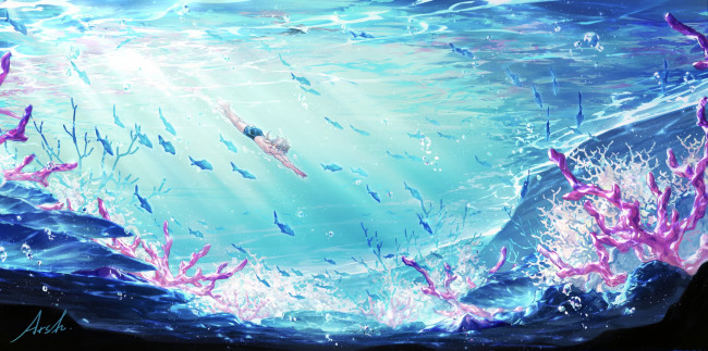 Обои картинки фото видео игры, the legend of zelda, море, рыбы, парень