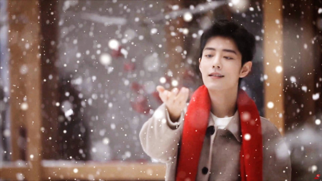 Обои картинки фото мужчины, xiao zhan, актер, шарф, пальто, снег