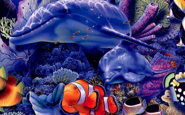 Картинка рисованное животные дельфины рыбы кораллы